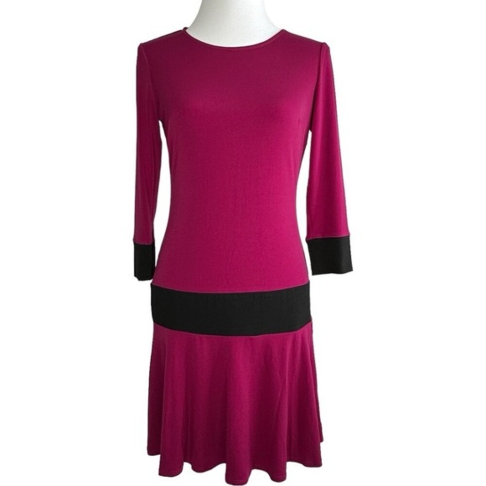 Alex + Alex Magenta Pink Black Colorblock Fit Flare Dress Size 2‎ 3/4 Sleeve